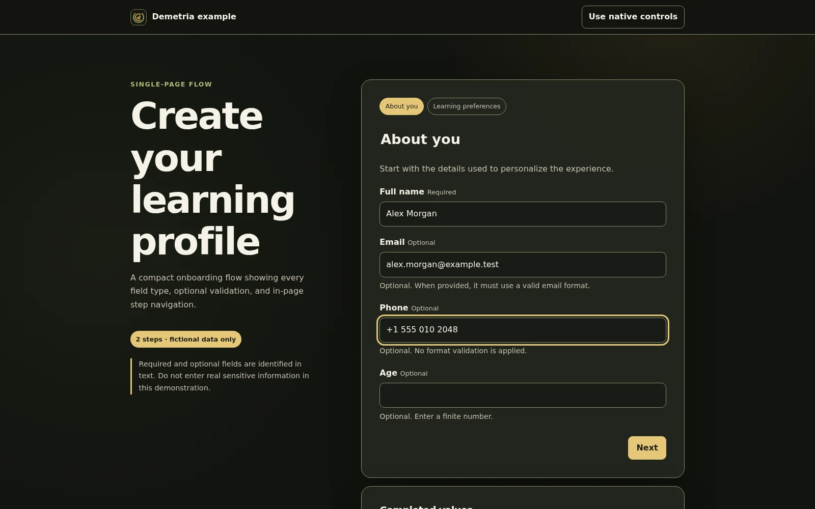 Working Demetria onboarding form showing two steps, required and optional fields, fictional values and a Next button