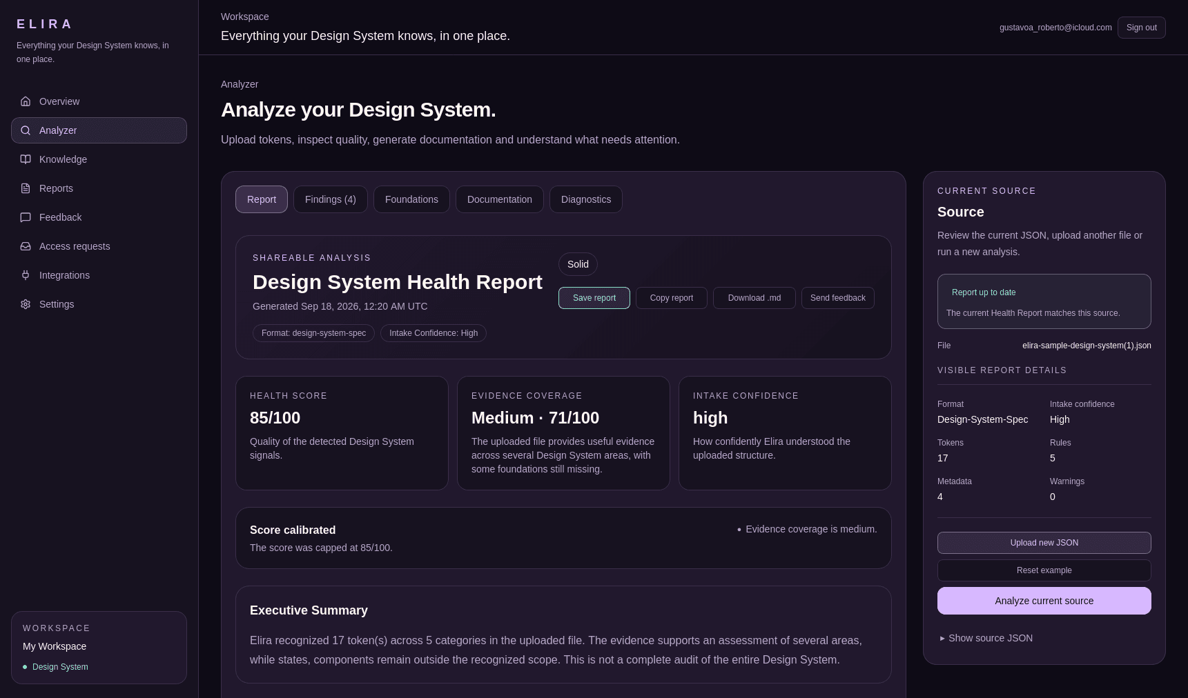 Elira website showing a Design System Health report preview
